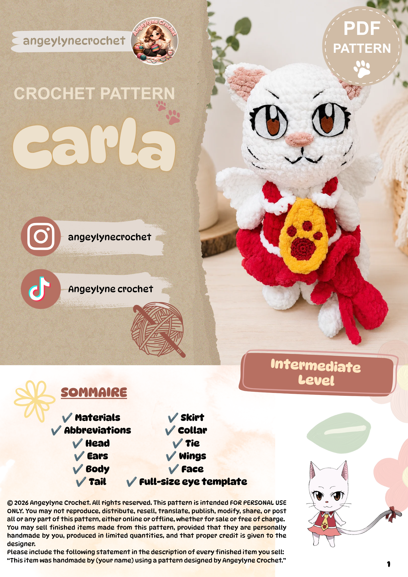 Carla Crochet Pattern, Bilingual Winged Cat Amigurumi PDF, French and English US, vue 3