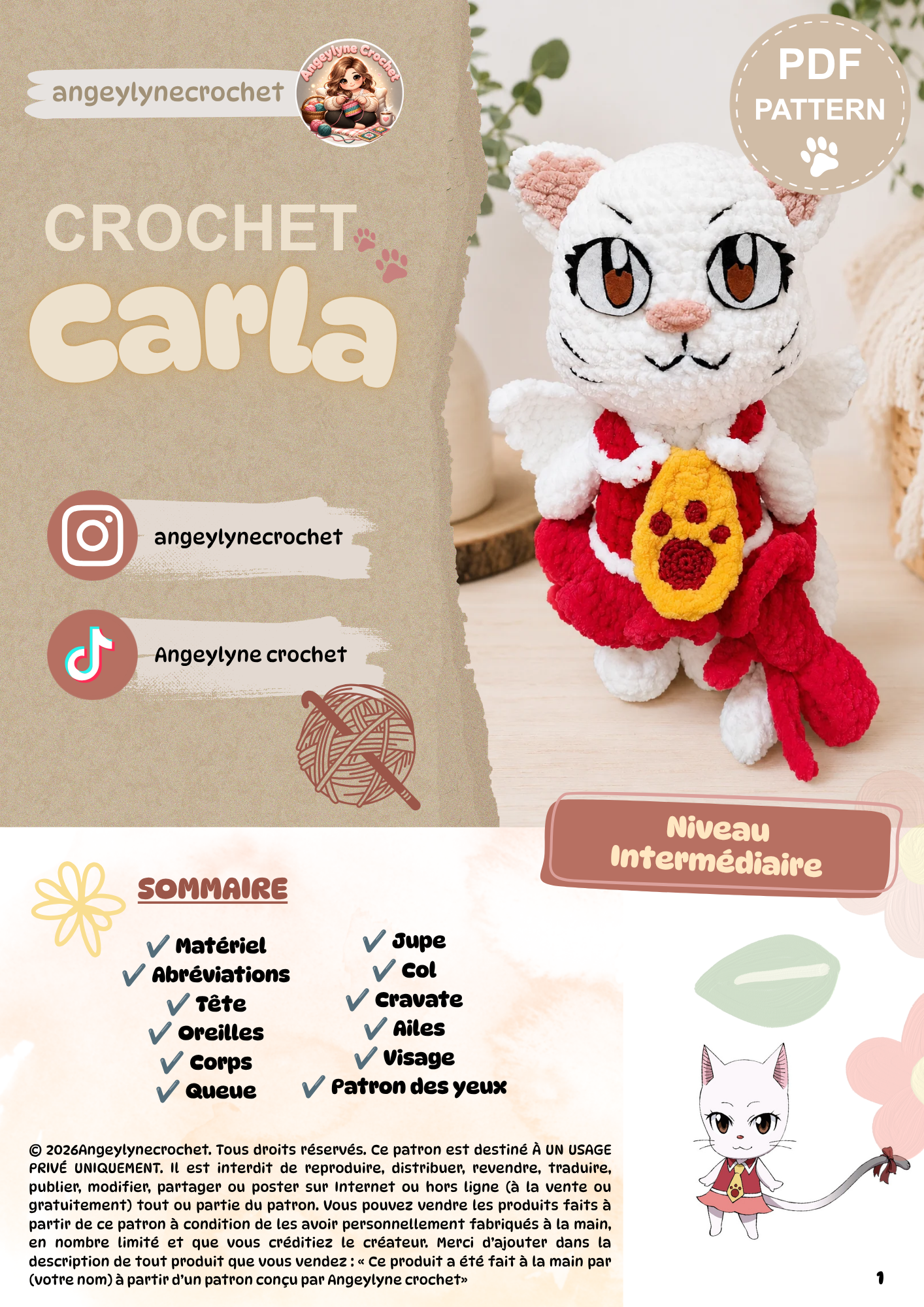 Carla Crochet Pattern, Bilingual Winged Cat Amigurumi PDF, French and English US, vue 4