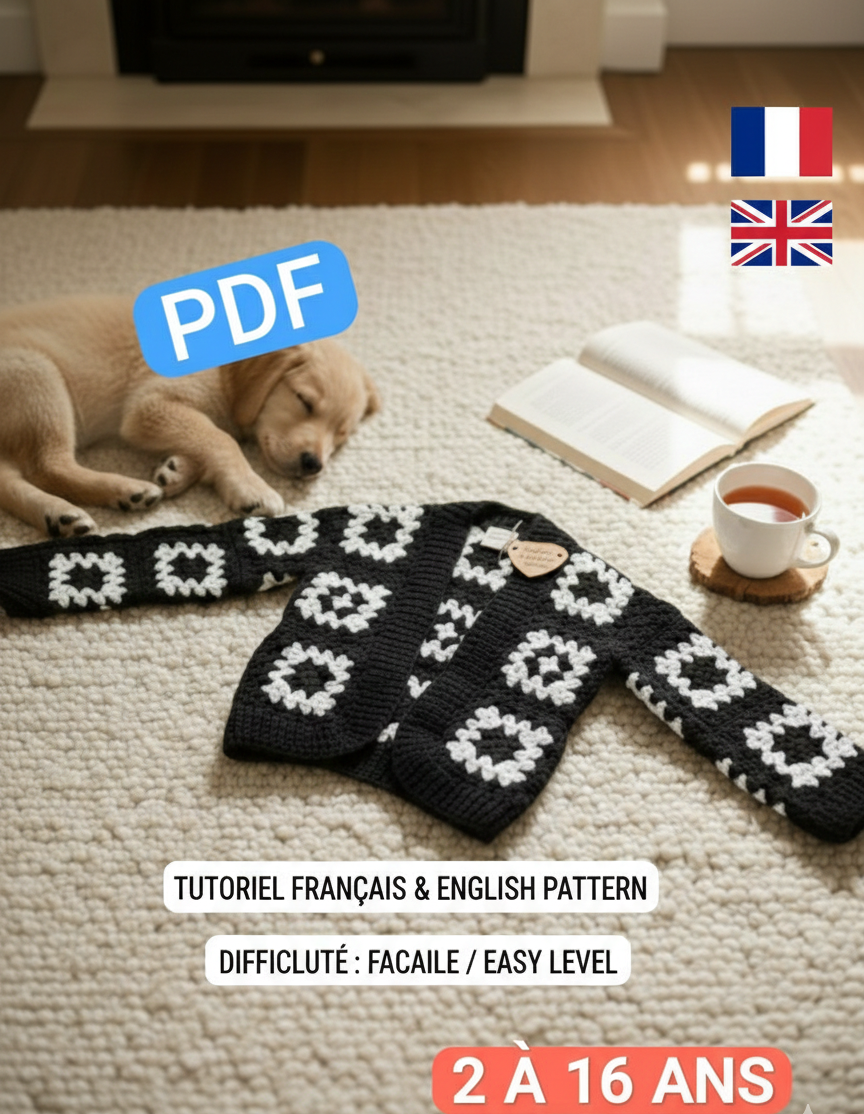 Patron Crochet- Cardigan Noir et Blanc Granny square enfant du 2 au 16 ans , vue 6